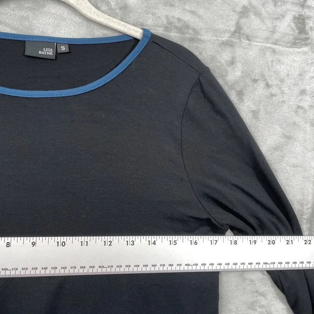 Lisa Bayne Color Block Tunic Top Size S Stretch Black Blue Mustard long‎ sleeve